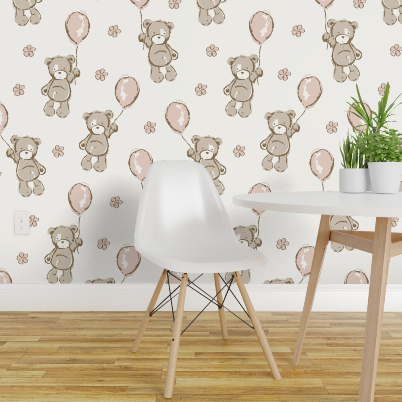 Peel & Stick Wallpaper 2FT Wide Teddy Bear Pink Balloons Shower Small Scale Custom Removable Wallpaper by Spoonflower
